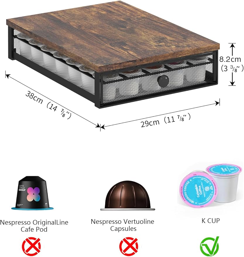 Sedegn Coffee Pod Holder Counter Coffee Vertuo Capsules Storage Organizer with Sliding Drawer Compatible For 35 K-Cup Pods No Assembly Needed Rustic Brown