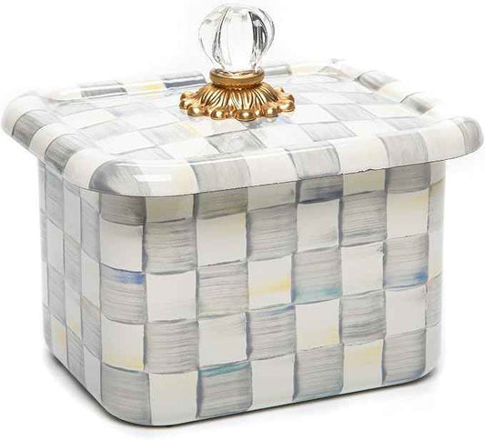 MACKENZIE-CHILDS Enamel Recipe Box, Index Card Box with Lid, Includes 40 Recipe Cards, Gray-and-White Sterling Check