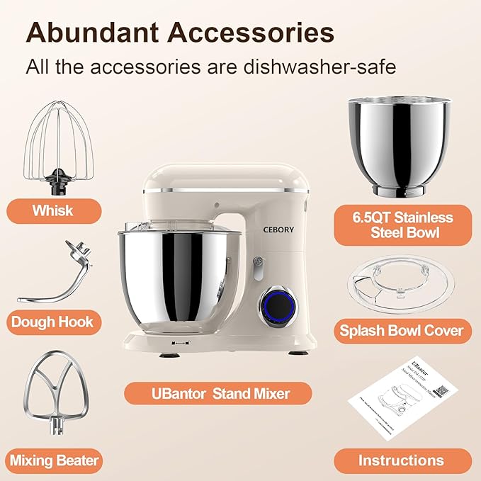 CEBORY 3-IN-1 Electric Stand Mixer, 6.5QT Bowl 660W 10-Speed Kitchen Mixer, Household Food Mixers include Dough Hook, Beater and Whisk, Bread Cake Mixer for Baking and Most Home Cooks, Almond Cream
