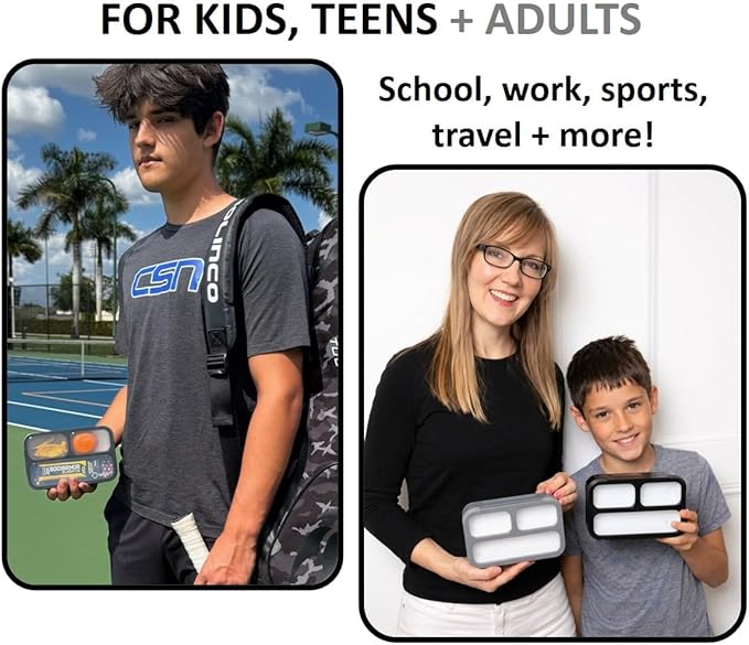 Small Snack Containers for Kids Teens - 3 Compartments (Set of 2) - Leak-Proof Boxes with Lids -BPA-Free Plastic Mini Bento Lunch Box - Ideal for School, Boys & Girls, Holds 2 Cups (Black + Gray)