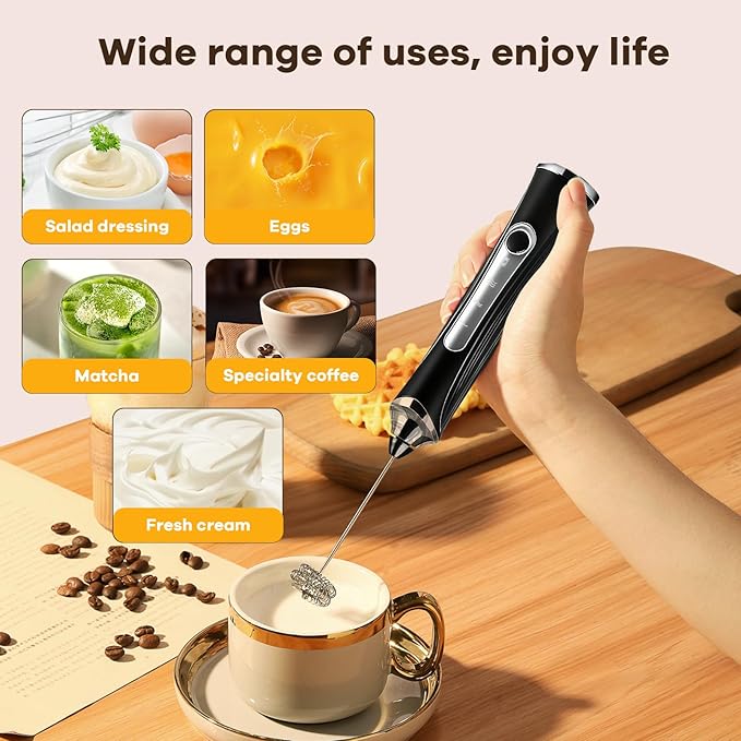 Milk Frother Handheld Rechargeable with Stand Frother Wand Foam Maker 3 Speed Adjustable Hand Mixer with Detachable Stainless 2 Whisks Electric Coffee Frother Stirrer For Latte, Cappuccino, Egg