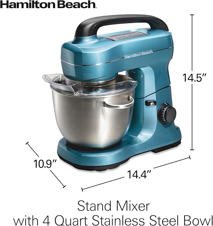 Hamilton Beach Electric Stand Mixer, 4 Quarts, Dough Hook, Flat Beater Attachments, Splash Guard, 7 Speeds with Whisk, Easy-Carry Top Handle, Blue
