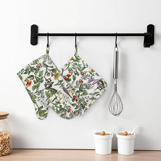 Vintage Botanical Oven Mitts and Pot Holders Set Silicone Heat Resistant Plants Herbs Mushroom Sage Green Leaf Ferns Kitchen Gloves Set Boho Retro Wildflower Kitchen Mittens Pot Holders