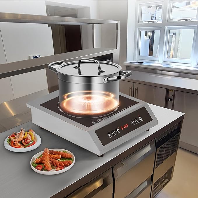 VEVOR Induction Cooktop, 3500W Commercial Induction Burner with 11-Level Temperature, Stainless Steel Countertop Induction Hot Plate with 3H Timer, Child Lock for Restaurant (6-15P Plug, 6-20R Outlet)
