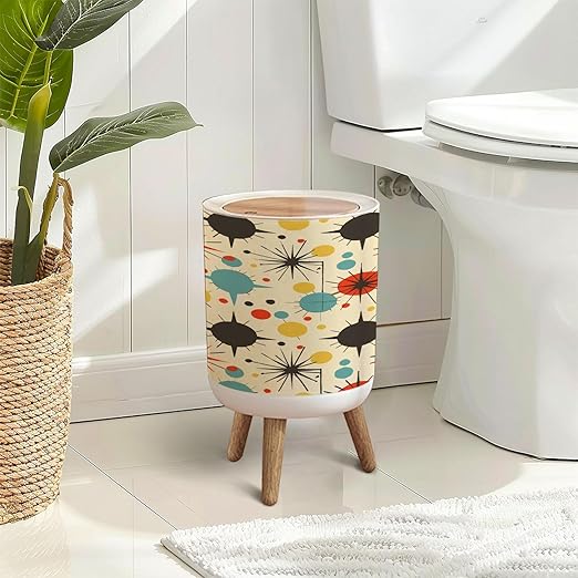 Trash Can with Lid Mid century fifties modern atomic retro colors seamless pattern Part Press Top Round Small Garbage Bin with Wooden Legs Waste Basket for Kitchen Bedroom Nursery 7L/1.8 Gallon