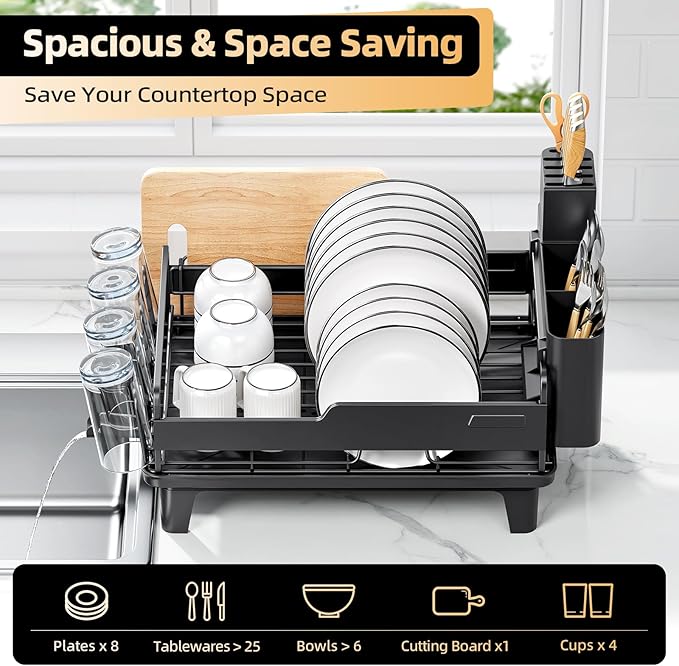 Urackify Dish Drying Rack for Kitchen Counter, Countertop Dish Rack with Drainboard, Multifunctional Dish Drainer with Cups Holder & Cutting Board, Home Plate Storage Rack with Cutlery Holder, Black