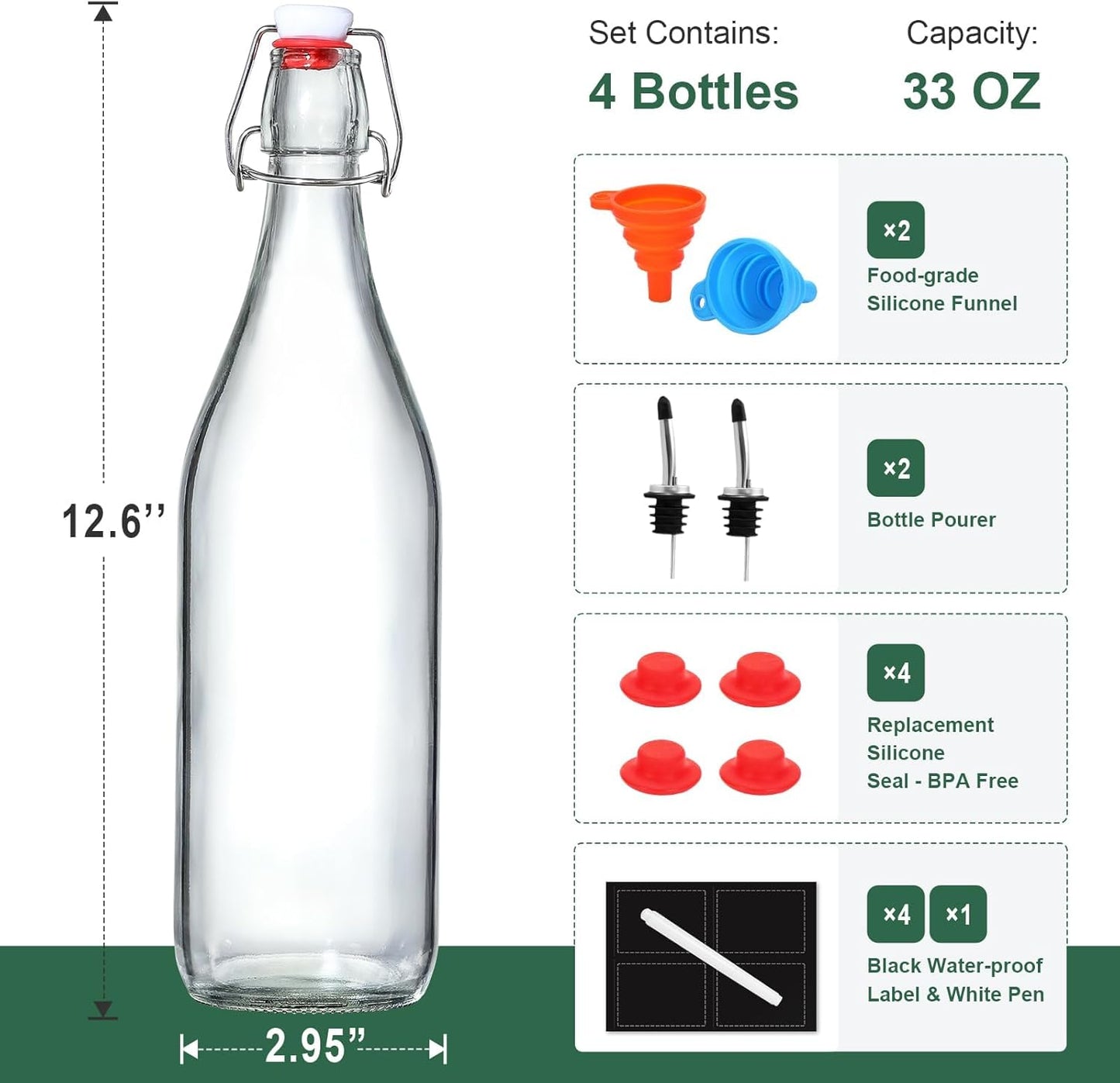 4 Pack [1 Liter / 33 fl. oz.] Swing Top Glass Bottles w/Airtight Stopper Lids – Flip Top Brewing Bottle for Fermentation, Kombucha, Mead, Vinegar, Beer, Kefir, Wine – With 4 Extra Seals & 2 Pourers