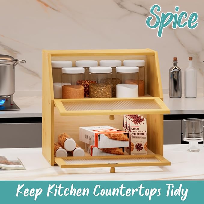 Extra Large Bread Box for Kitchen Counter, Bamboo Wood Double Layer Bread Box for Kitchen Counter, Wooden Capacity Bread Storage Bin