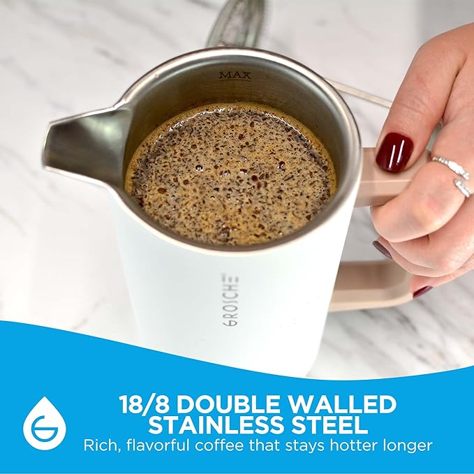 GROSCHE Dub'lin Stainless Steel Coffee Maker French Press 8 Cup | 34 FL Oz Coffee Press, 18/8 Double Walled Stainless Steel French Press Coffee Maker - Hot/Cold Brew | Stainless French Press - WHITE