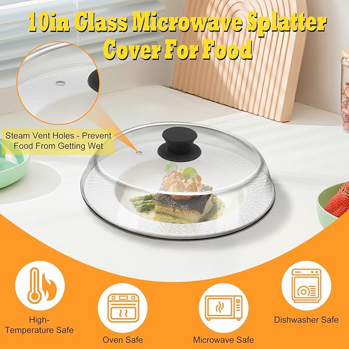 10in Glass Microwave Splatter Cover for Food, 10in Glass Microwave Cover for Food, Microwave Plate Lid with Vent Holes & Easy-Grip Handle, Dishwasher Safe, No Plastic, Food Grade,