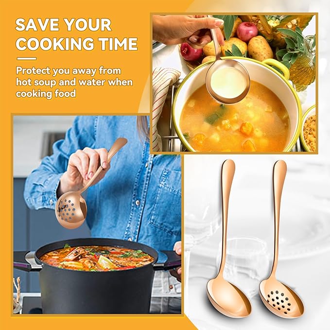 Rose Gold Serving Utensils Set Stainless Steel, Large Metal Serving Spoons, Slotted Spoons, Forks, Tongs, Soup and Skimmer Spoon, Cake Server serveware for Partie, Buffet, Catering, Entertaining 15pcs