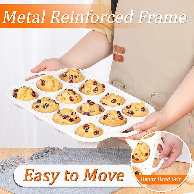 Silicone Muffin Pans for Baking, with Metal Reinforced Frame 2.8 Inch Regular Size Silicone Molds Nonstick 12 Cups for Baking Homemade Muffins, Cupcakes, Egg Bites 2 Pack Dishwasher Safe BPA Free