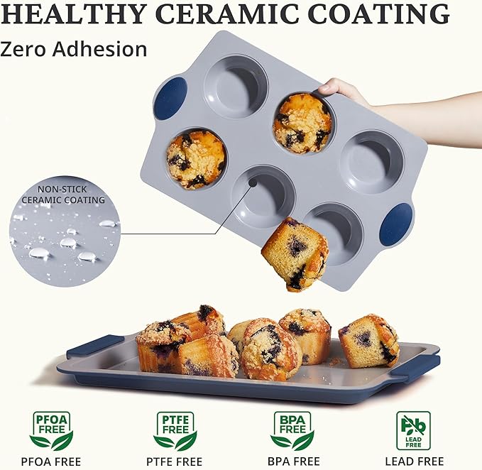 BRONYPRO 2-Pack 6-Cup Non Toxic Nonstick Ceramic Jumbo Muffin Pan & Cupcake Tin, PFOA & PFOA Free, Rust-Resistant Aluminized Steel, Oven Safe, Blue