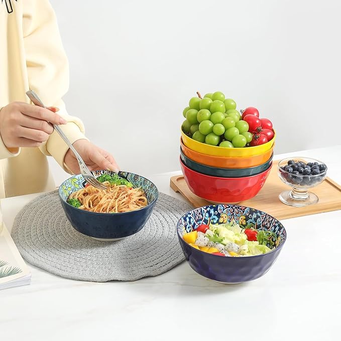 KitchenTour Cereal Bowls Set of 6, 26 oz Ceramic Soup Bowls for Kitchen, 6.4 Inch Colorful Serving Bowls for Oatmeal, Salad, Pasta, Dessert - Microwave & Dishwasher Safe