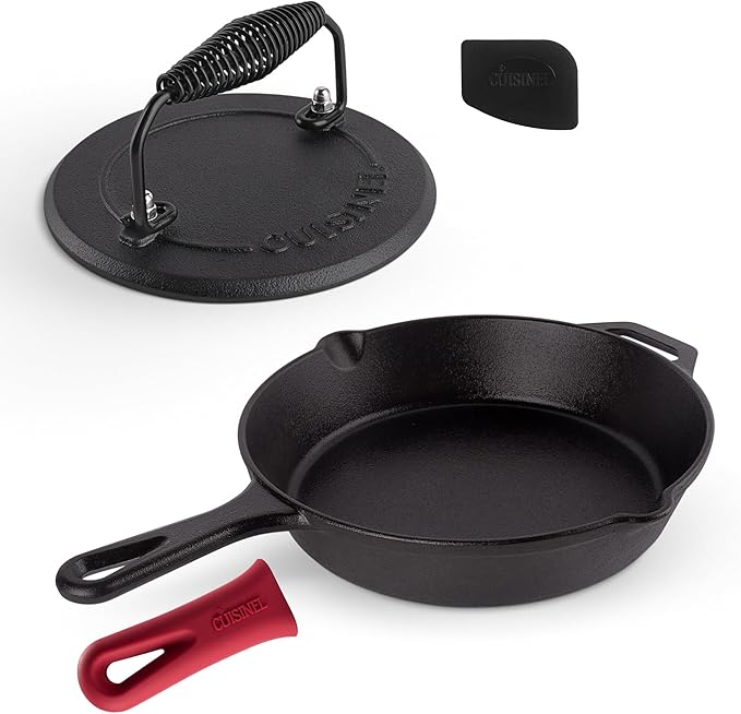 Cuisinel Cast Iron Skillet + Grill Press + Scraper Set - 10"-inch Pre-Seasoned Frying Pan + Silicone Handle Grip - 7" Round Burger Smasher - Indoor/Outdoor, Grill, Kitchen Cookware. PFAS and PFOA-free