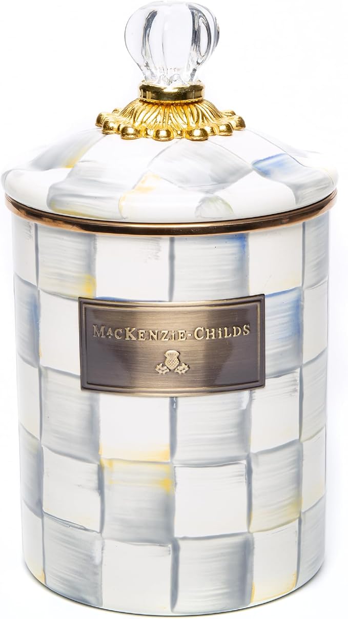 MACKENZIE-CHILDS Medium Enamel Canister, Kitchen Storage Container for Flour and Sugar, 1.42 Liters, Grey-and-White Sterling Check