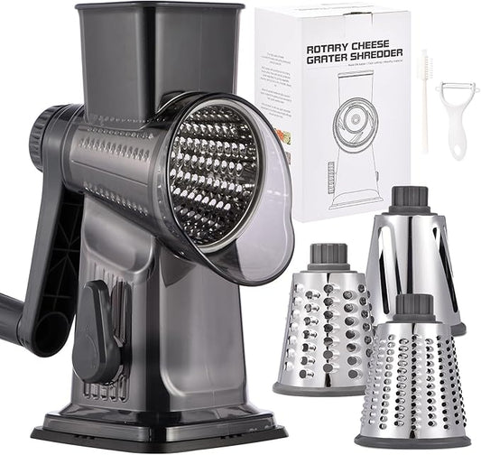 Rotary Cheese Grater with Handle Kitchen Shredder Slicer Grater Slicer Ice Shaver Cheese Vegetable Nuts Potato Zucchini Chocolate 3 Interchangeable Blades (Dark Grey TSP)