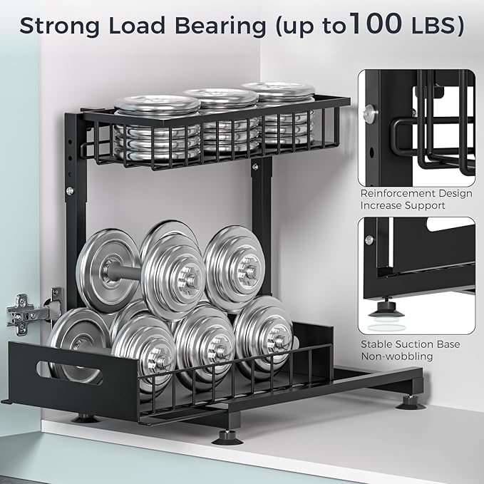 L-Shaped Under Sink Organizer, 2-Tier Pull Out Metal Kitchen Cabinet Organizer with Sliding Storage Drawer, Height Adjustable Heavy Duty Under Bathroom Sink Storage for Cleaning Supplies 1 Pack