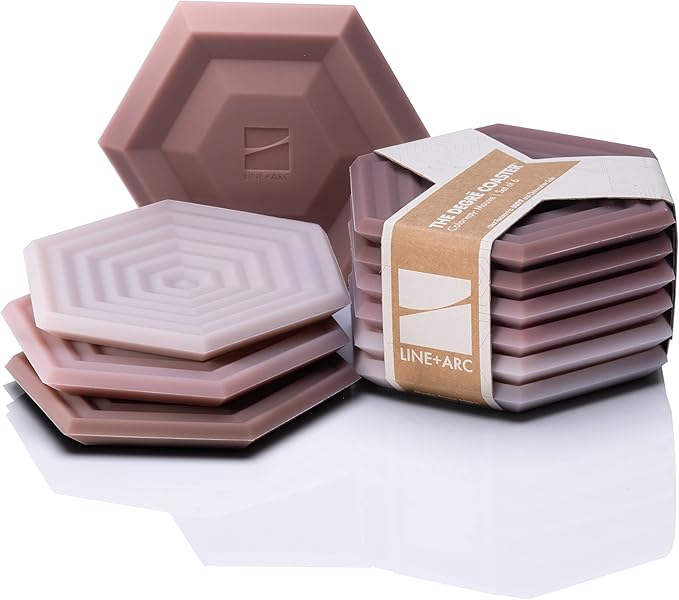 LINE+ARC Extra Thick Silicone Coasters (As Seen in NYTimes WireCutter) Waterproof Anti-Stain Heat-Safe Dishwasher-Safe Degrē Coasters (Set of 6, Mauve) Outdoor Rubber Mid-Century Modern