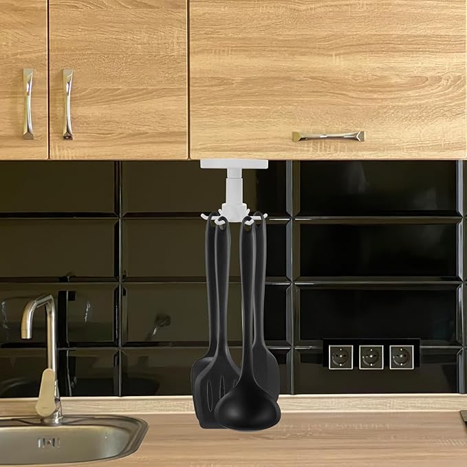 Baluue 2pcs Wall Mounted Kitchen Utensil Hooks with Strong Adhesive, 6-Claw Rotating Non-Punch Storage Hangers Under Cabinet Hanging and Multi-use Kitchen Organization