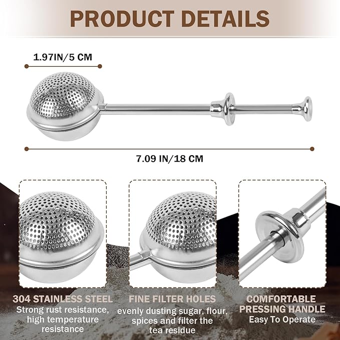 2pcs Stainless Steel Loose Tea Leaf Steeper&Sugar Shaker Duster Sifter 2 in 1, tea ball for loose leaf tea,tea strainers One-Hand Operated Spring-Loaded