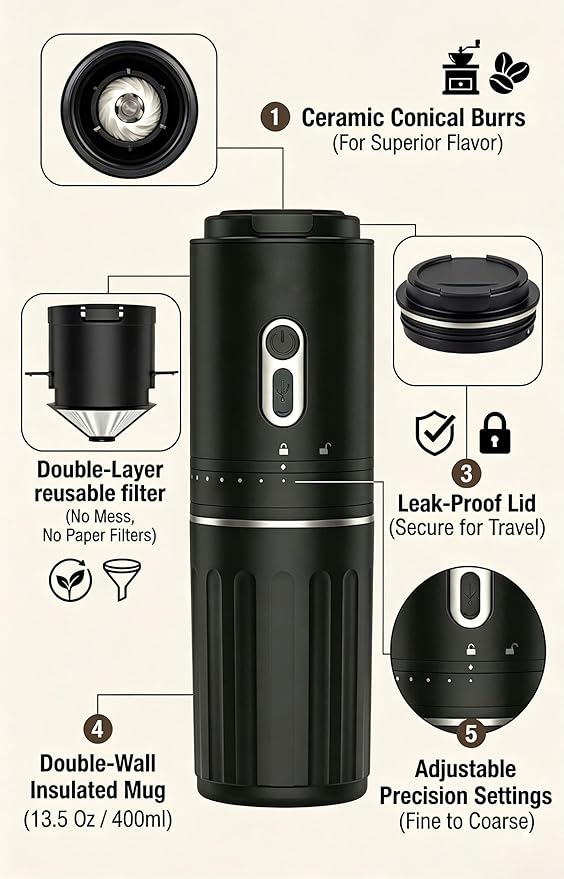 Portable Coffee Maker, Travel Coffee Maker, Portable Battery Pour Over Set, Rechargeable Coffee Maker with Electric Grinder & Insulated Mug for Travel, Camping, Car