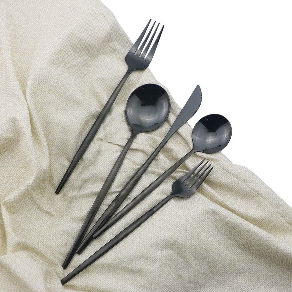 Shiny Black Silverware Set, JASHII 20-Piece Stainless Steel Satin Finish Flatware Set, Kitchen Utensil Set, Mirror Polished Tableware Cutlery Set for Home and Restaurant, Dishwasher Safe
