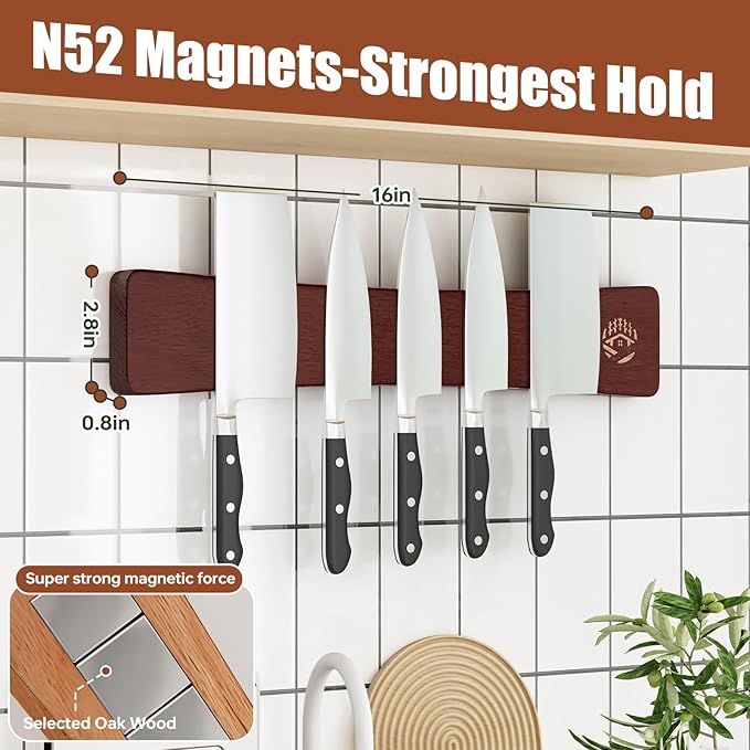 Magnetic Knife Strip, 16 Inch Oak Magnetic Knife Holder for Wall with N52 Strong Magnets, Premium Wooden Knife Magnetic Strip Organizer for Kitchen Knives, Tools ,No Drilling（Black Walnut）