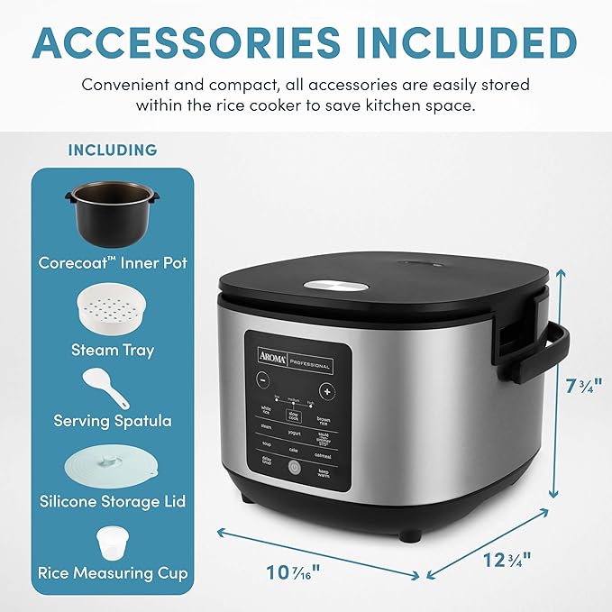AROMA® 6-Cup (Uncooked)/ 12-Cup (Cooked) Slow Cook Rice Cooker and Brown Rice Cooker with Lift-Out Pot Handles and Silicone Storage Lid, PFAS-Free Ceramic Coating