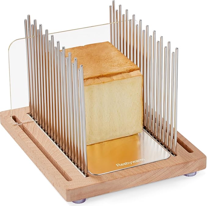 Bread Slicer, Stainless Steel Bread Slicer for Homemade Bread,Adjustable Bread Slicing Guide with Beechwood Bread Cutting Board for Loaf,Bagels & Baguette, Durable and Stable Wooden Structure