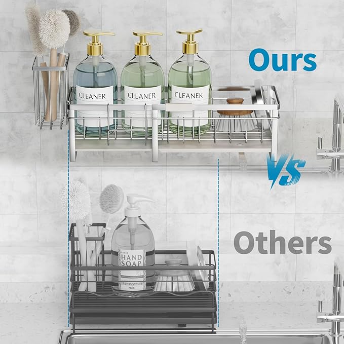 Extra Large Extendable Sponge Holder for Kitchen Sink, Rustproof Sink Caddy Organizer with High Brush Holder, Dish Soap Dispenser Organizers and Storage (Stainless Steel)