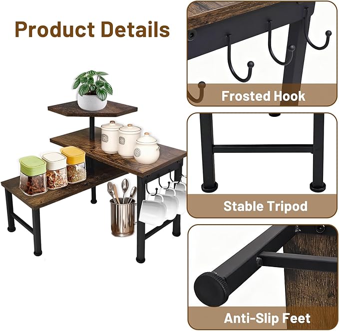 Kitchen Countertop Organizer, 3 Tier Moveable Corner Shelf Kitchen Shelf with Hook, Countertop Organizer for Bathroom, Spice Rack, Bookshelf, Coffee Area, Dresser Table (Brown)