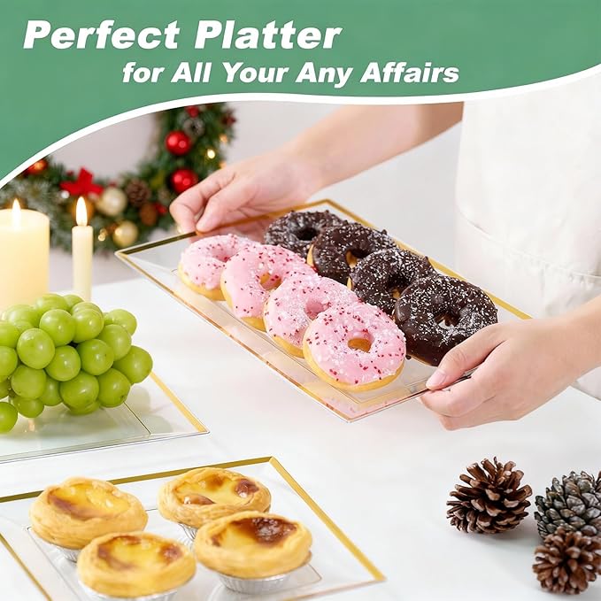 FOCUSLINE 8 PCS Plastic Serving Trays for Party, Clear and Gold Rim Serving Platters and Trays, Premium Plastic Fruit Tray, Disposable Platters for Cupcake, Dessert, Appetizers