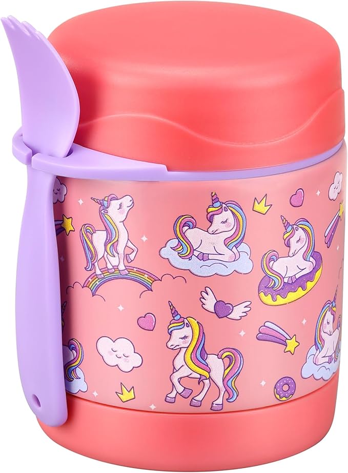 10oz Soup Thermo for Hot Food Kids,Lunch Thermo Kids Food Jar with Spoon Hot Insulated Food Containers,Leak Proof Stainless Steel Wide Mouth Lunch Thermo Jar for School(Pink-Unique Horse)