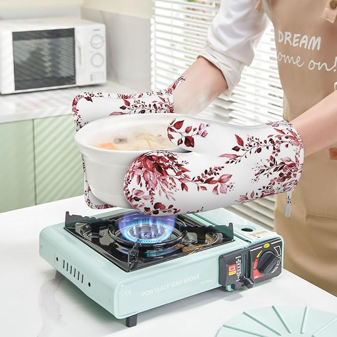 Burgundy Red Eucalyptus Oven Mitts and Pot Holders Set, 4pcs Silicone Watercolor Plant Leaves with Floral Oven Glove for Kitchen Heat Resistant Oven Mitts and Potholders Non-Slip for Cooking