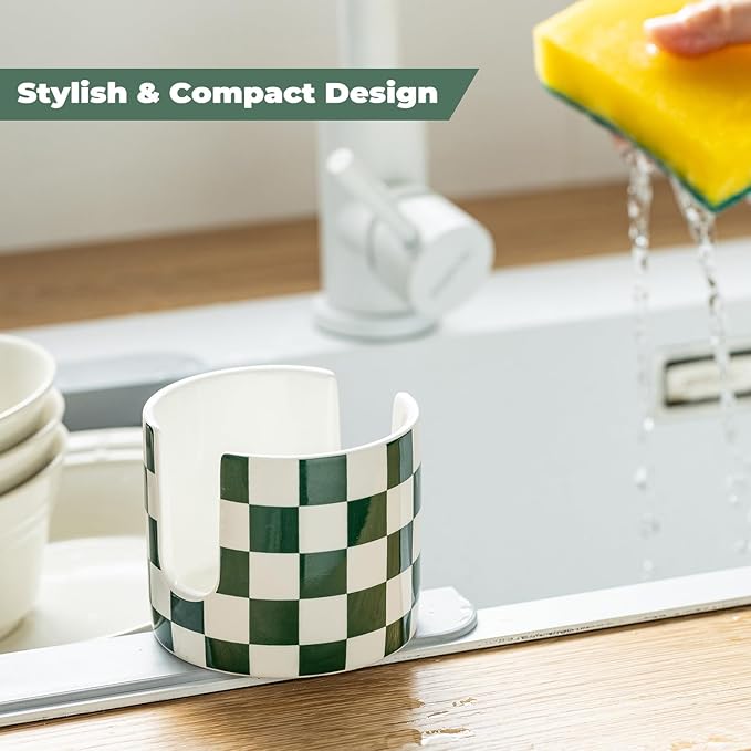 Ceramic Kitchen Sponge Holder, Dish Sponge Holder Suitable for Scrubby Farmhouse Drying Rack Brush Holder for Christmas Bathroom, Kitchen, Sink, Green and White