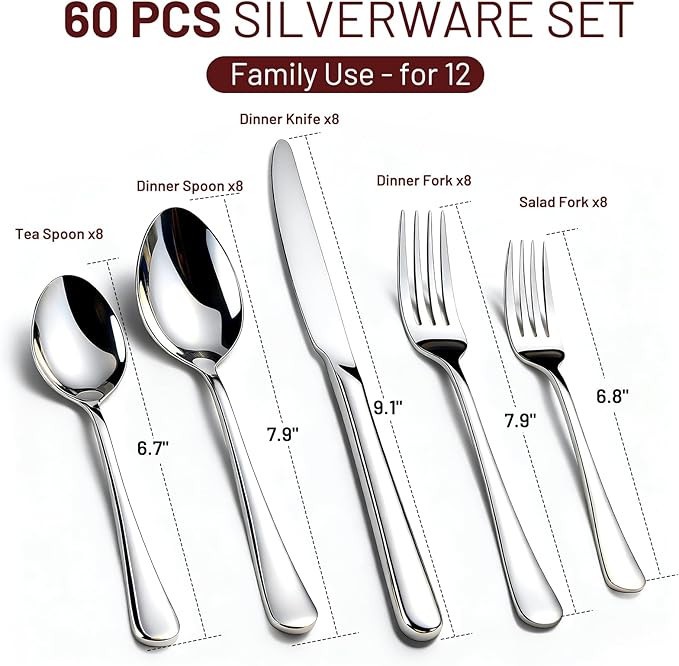 KIKCOIN 60 Pack Silverware Set for 12, Heavy Duty Stainless Steel Flatware Set, Mirror Polished Cutlery Utensils Set Includes Forks and Spoons Set for Home Kitchen Restaurant Wedding