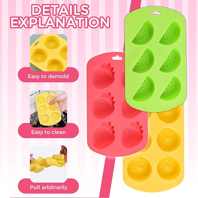 3 Pack 3D Watermelon/Lemon/Strawberry Silicone Mold, Fruit Snack Molds for Candy Chocolate Gummy Making, Non-Stick Baking Mold for Jelly Soap Ice Cube Fondant