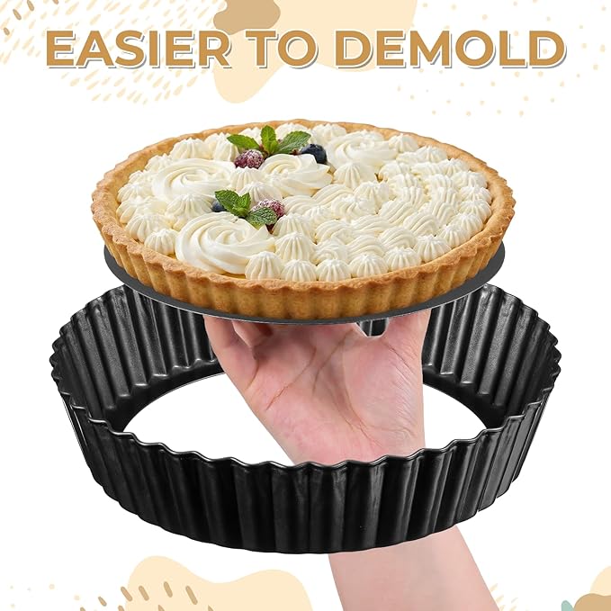 3 Pack 9.5 Inch Tart Pan with Removable Bottom, Non Stick Durable Carbon Steel Deep Quiche Tart Pan Fluted Pie Pan for Pot Oven Pies Cheesecakes Desserts