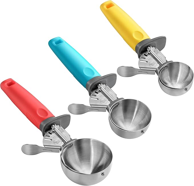 New New Star Foodservice Commercial-Grade Thumb Press Food Disher/Ice Cream Scoop, 3-Pack, #8 Red + #16 Blue + #30 Yellow, 18-8 Stainless Steel, NSF Certified