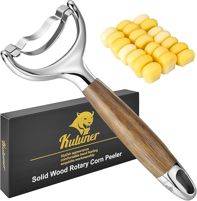 KULUNER Durable Stainless Steel Corn Peeler with Polished Wood Handle Corn on the Cob Stripper Kernel Remover Easy Use Corn Kernel Cutter Kitchen Gadget（Merbau）