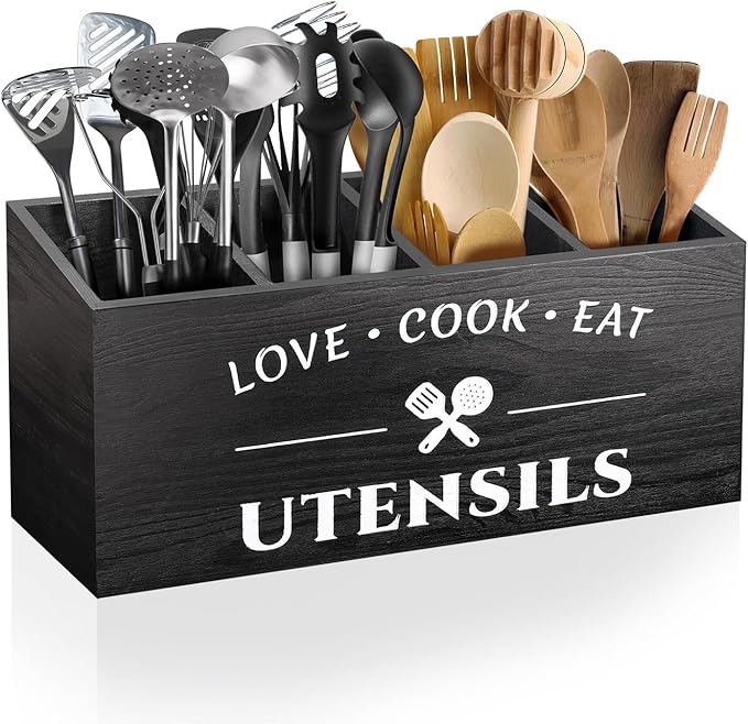 MINCORD Rustic Wooden Utensil Holder for Countertop - 4 Compartment Farmhouse Heavy-Duty Flatware Caddy & Silverware Organizer - Large Kitchen Decor for Spoons, Forks, Parties, Coffee Bar & RV