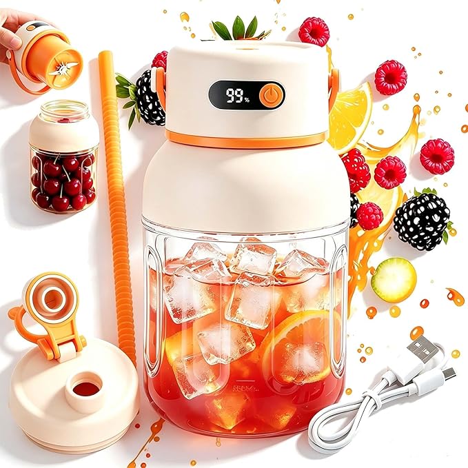 Portable Electric Juicer Cup with Zero Cord Hassle, 800-1200ML Personal Rechargeable Blender Portable for Shakes and Smoothies, with 36 Stainless Steel Blades, Straw and Two Lids (800ML/28.22OZ)