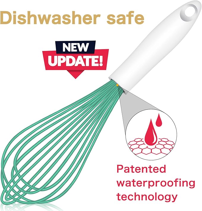 Teal Silicone Whisk, Sealed Waterproof Design Set of 3, Professional Kitchen Whisks for Cooking Non-Scratch, Silicone&Stainless Steel Whisk, Heat Resistant 480°F Rubber wisk, BPA free