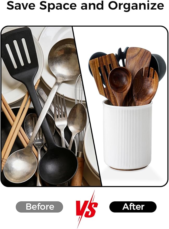 LoeJan 6.7" Utensil Holder, Ceramic Kitchen Utensil Holder with Cork Bottom, Large Utensil Crock for Countertop, Vintage Cooking Tool Organizer Set for Kitchen Counter Decor(White)