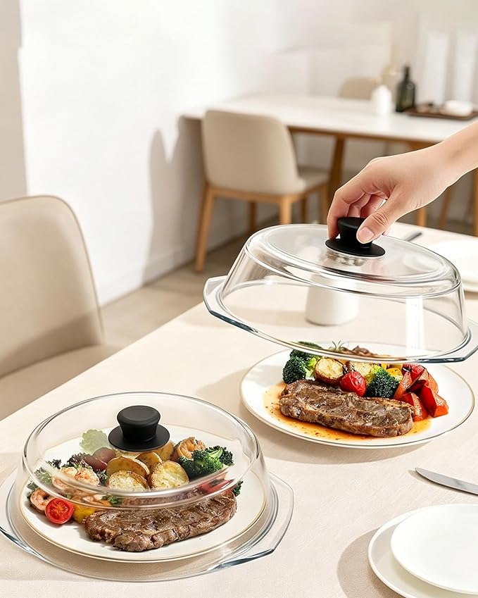 Tall Glass Microwave Splatter Cover for Food & Microwave Place Mat,2 in 1,Sturdy clear 100% food safe BPA free glass lid with easy grip silicone handle，Dishwasher safe for easy cleaning