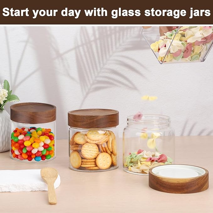 19oz Coffee Jars with Airtight Lid, 2 Pack Glass Mason Jars with Wood Lids Set, Srew Top Food Storage Containers for Sugar, Tea, Oats, Candy, Cookie, Bean - 3.9 x 3.9 inch Spice Bottle