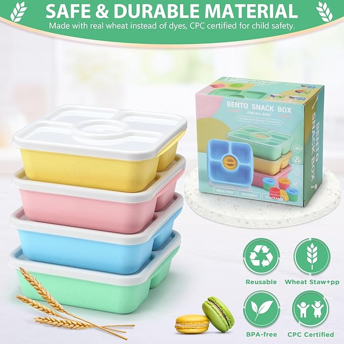 QQKO Bento Snack Box Containers for Adults Kids, 4 Pack Lunchable Meal Prep Containers Reusable, Stackable Bento Lunch Box, Food Storage Prep Containers with 4 Sauce Cups, Pastel Color, White Lid