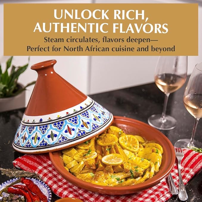 Kamsah Tagine Pot for Cooking and Flavor Enrichment - Medium Clay Pot 10”, 3.1 QT - Non-Stick Handmade Cookware - Moroccan Ceramic Pots for Cooking with Lid & Serving Bowl - Bohemian Classic Turquoise