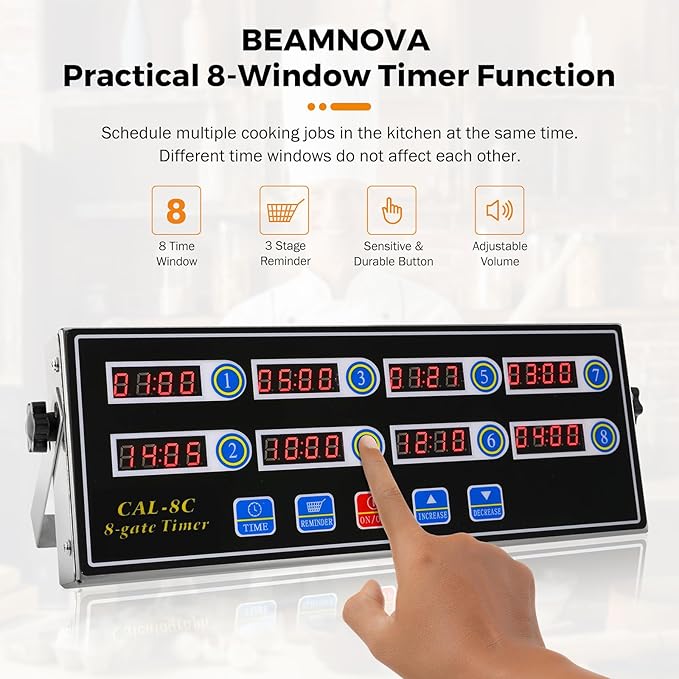 BEAMNOVA 8-Channel Digital Kitchen Timer, Commercial Timer for Restaurant, Food Timer for Cooking, Fryer Reminder, Adjustable Loud Alarm, Stainless Steel
